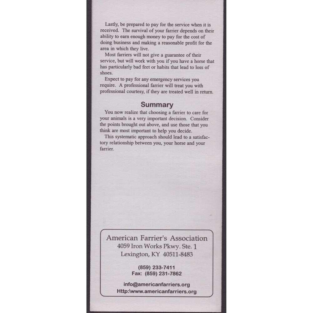 American Farrier's Association Choosing A Farrier Educational Pamphlet Brochure - Picture 2 of 2